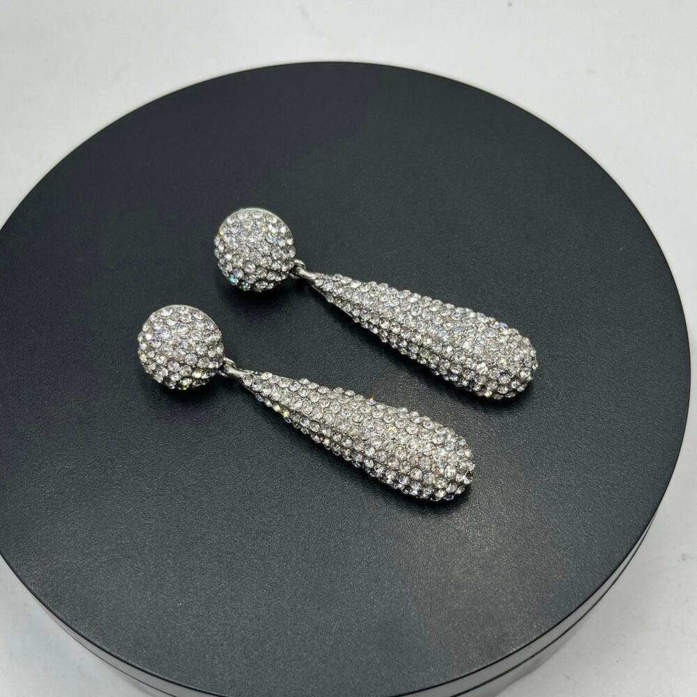 Kenneth Jay Lane KJL Kenneth Lane Pavé‎ Silvertone Teardrop Long Dangle Earrings